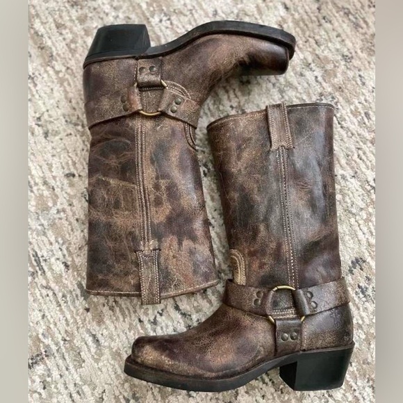 Frye Shoes - Frye Harness Biker Boots 12R Brown Distressed Leather Size 7 Med Width Moto USA